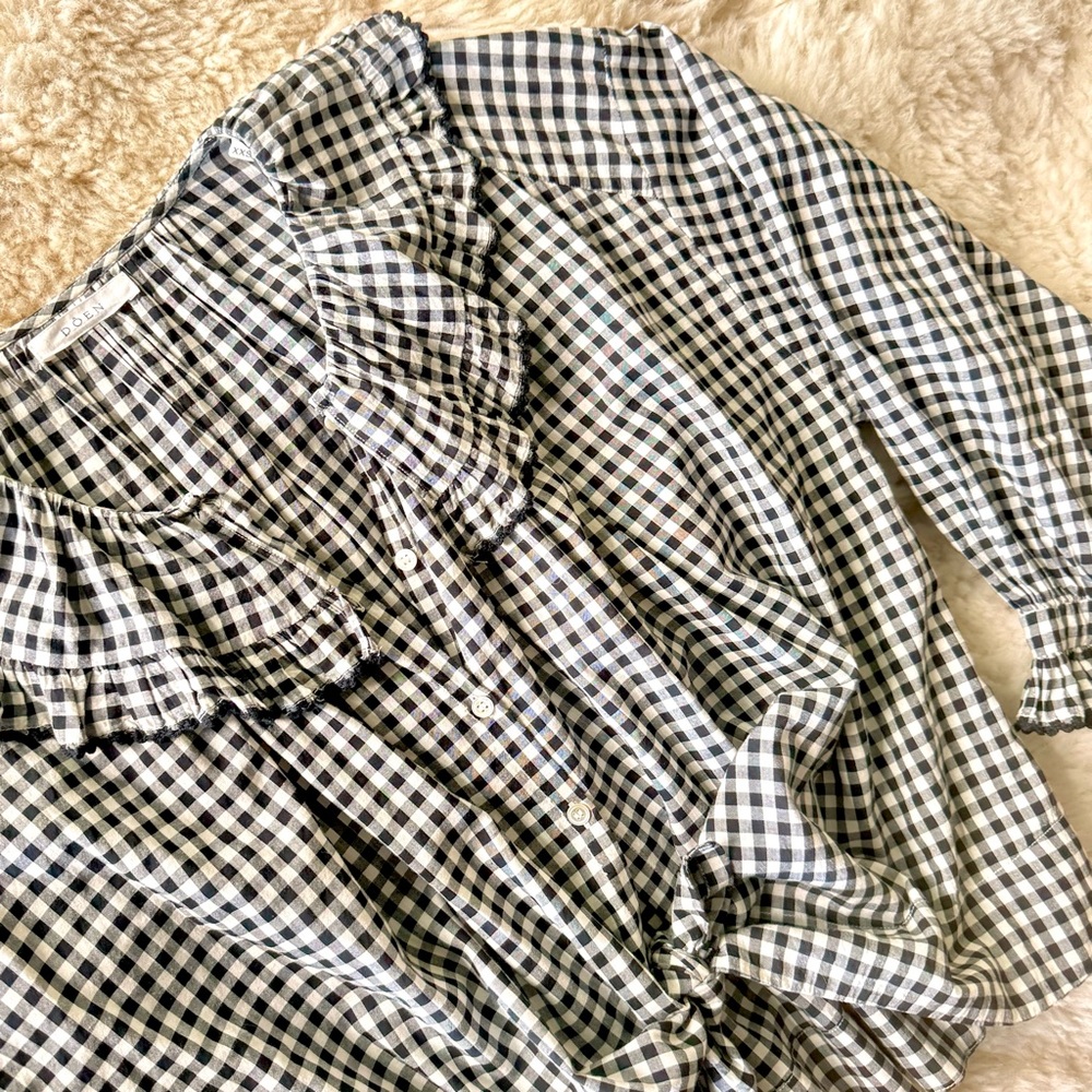 ✨🖤🌚DÔEN ‘Jana’ Seychelle Gingham Ruffed Collar Drop Shoulder Blouse Ink XXS